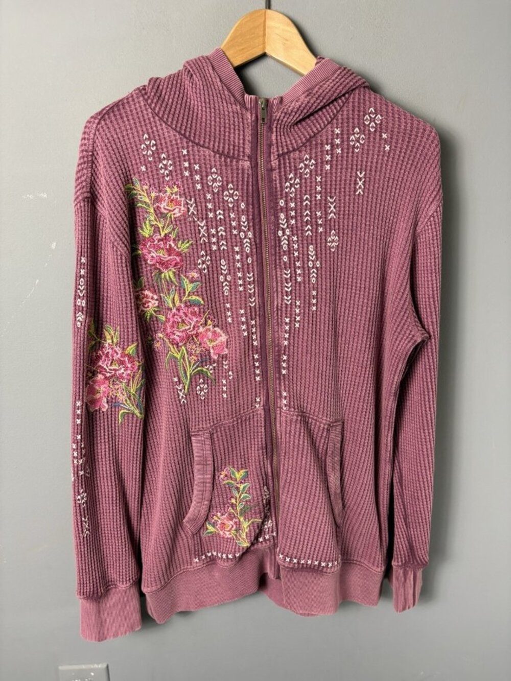 SUNDANCE Womens M Pink Waffle Knit Floral Embroidered Zip-Front Hooded Jacket